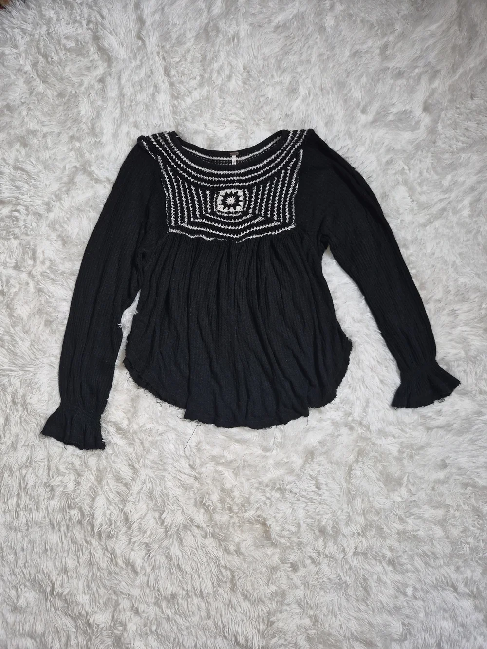 Free People Waffle Thermal Sweater Black Crochet Accents Raw Edge Hems Boho Bohe